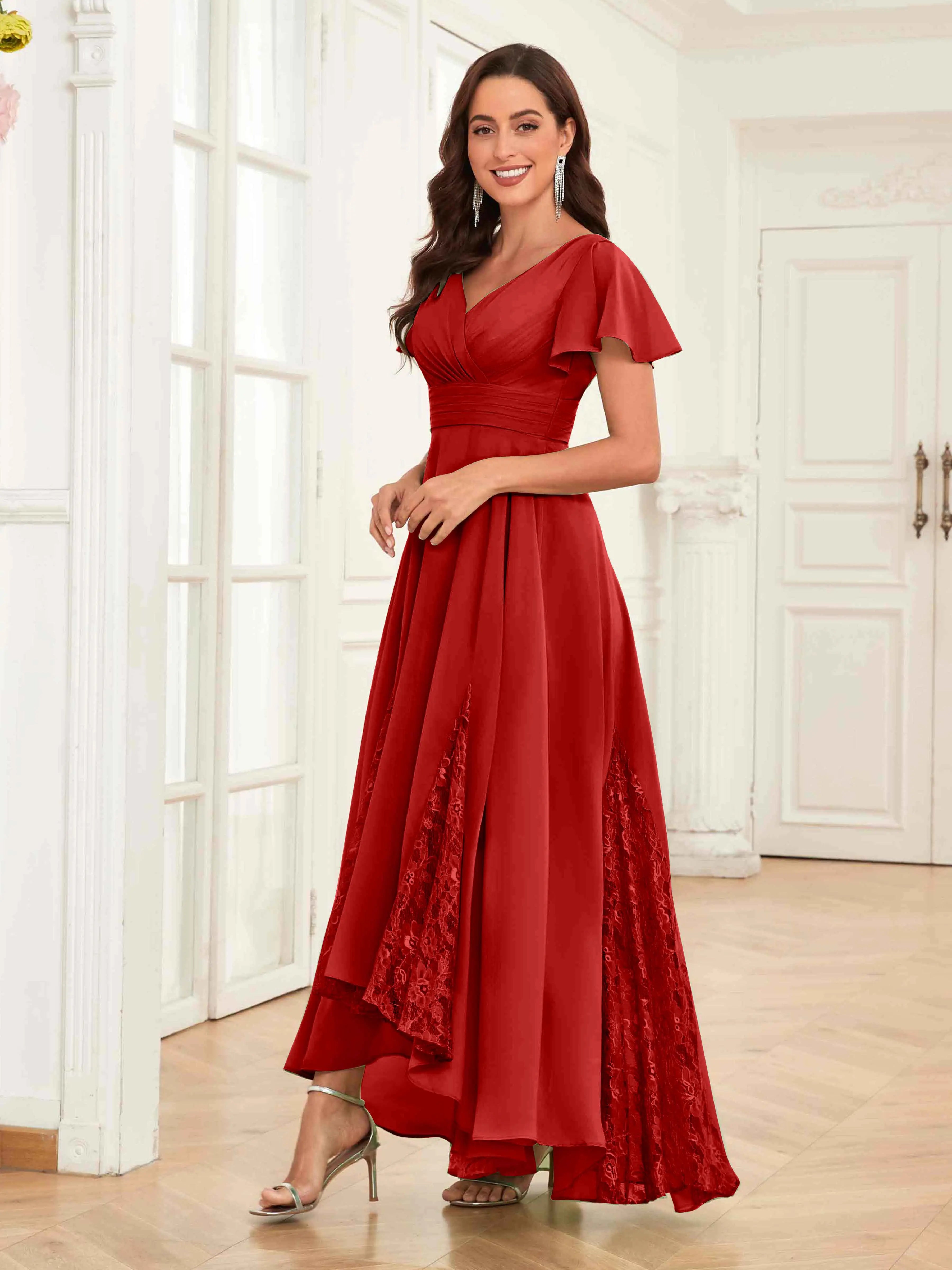 Mother of the Bride Chiffon Dress – Lace Ruched V-Neck High Low Formal Dress with Short Sleeves oaklynwear