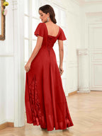 Mother of the Bride Chiffon Dress – Lace Ruched V-Neck High Low Formal Dress with Short Sleeves oaklynwear