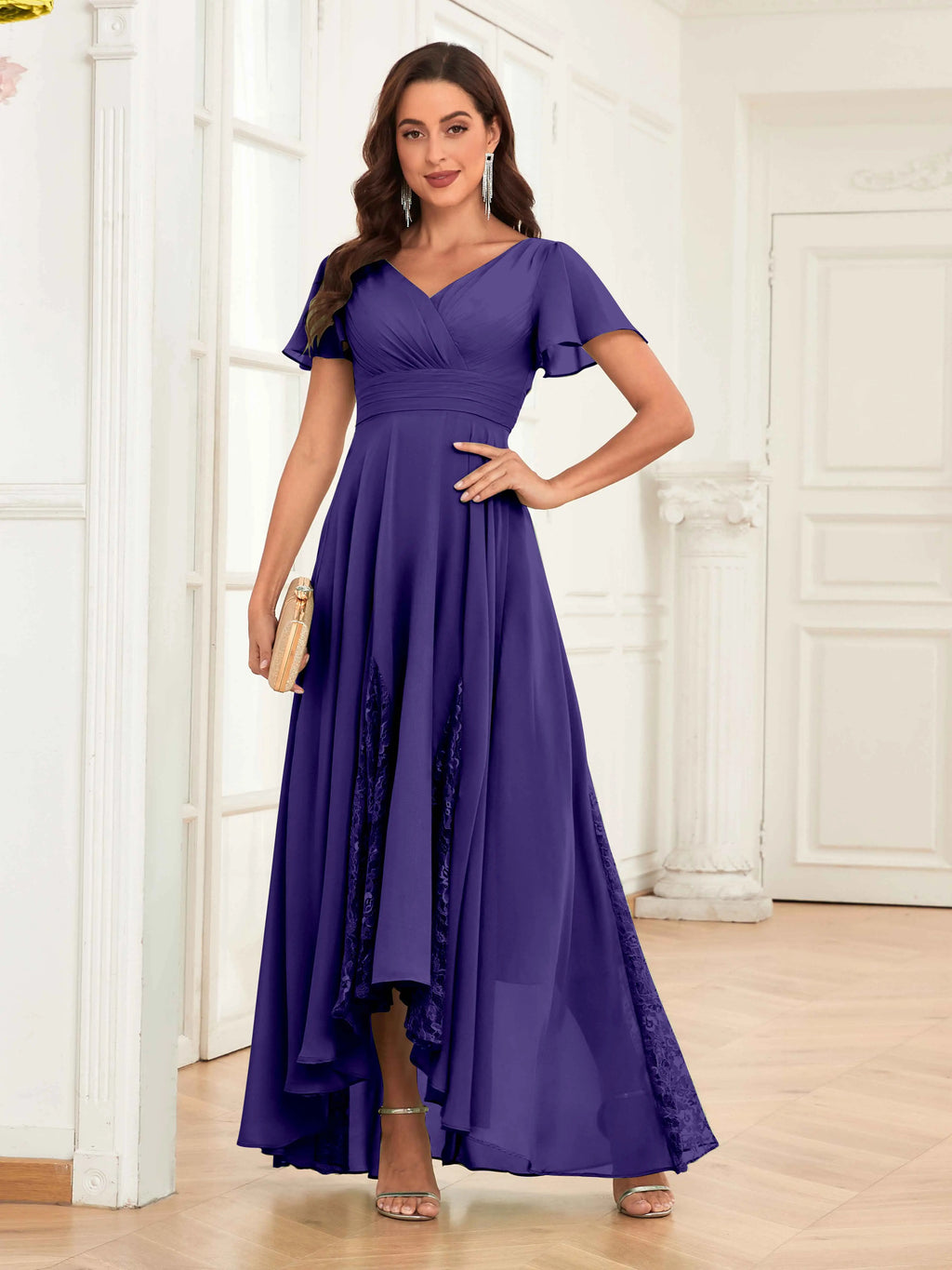 Mother of the Bride Chiffon Dress – Lace Ruched V-Neck High Low Formal Dress with Short Sleeves oaklynwear