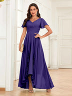 Mother of the Bride Chiffon Dress – Lace Ruched V-Neck High Low Formal Dress with Short Sleeves oaklynwear