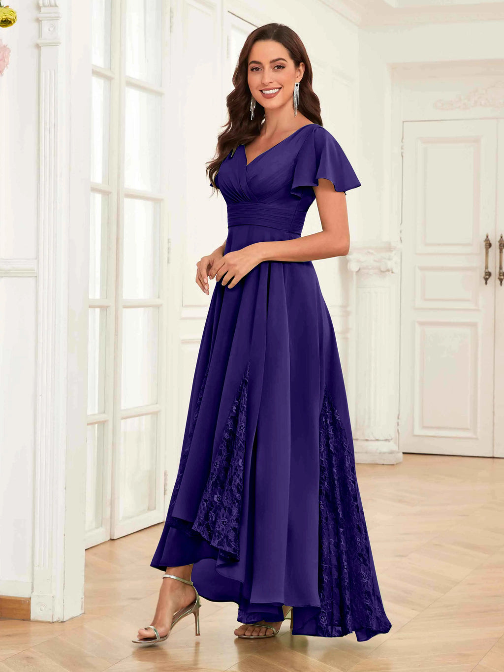 Mother of the Bride Chiffon Dress – Lace Ruched V-Neck High Low Formal Dress with Short Sleeves oaklynwear