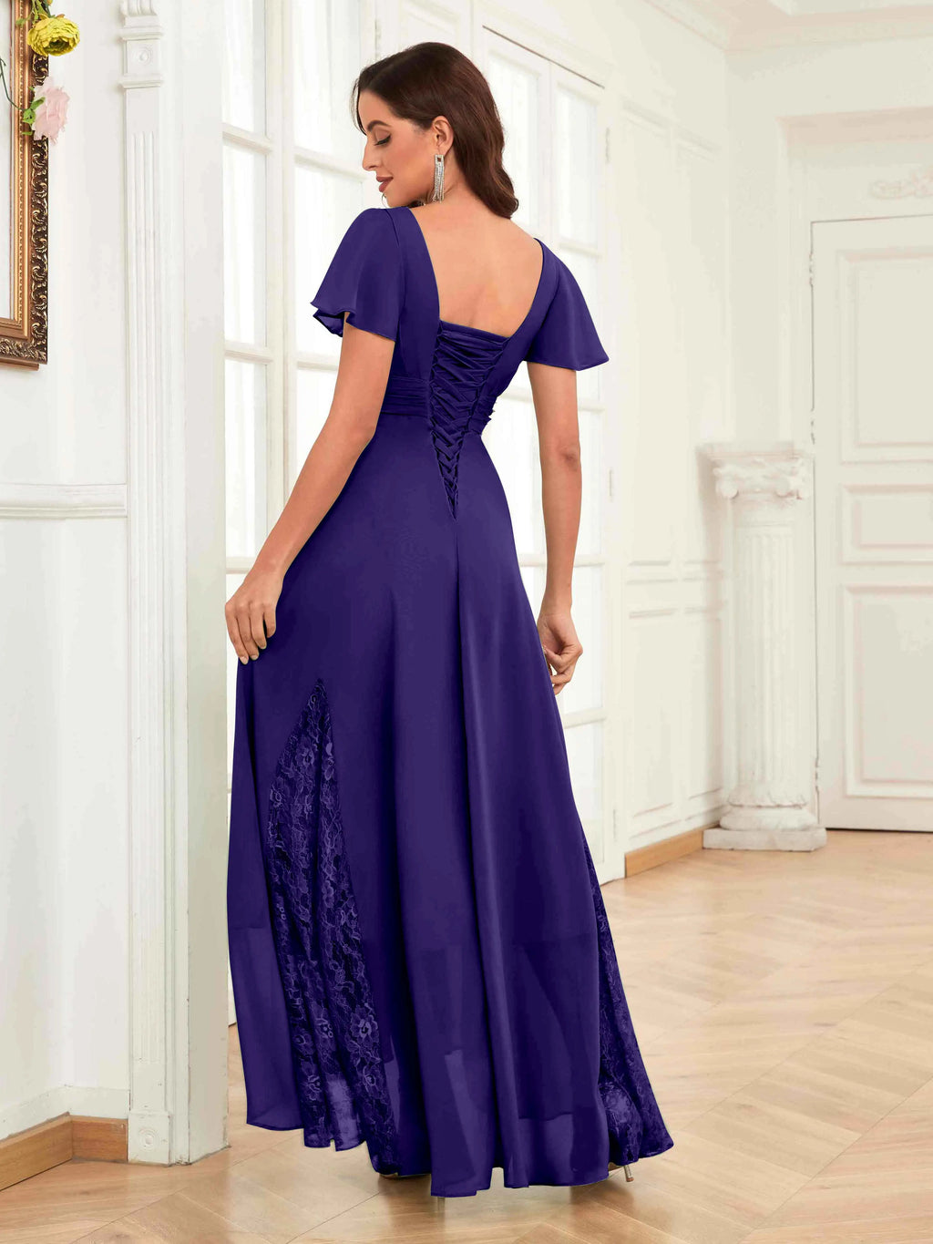 Mother of the Bride Chiffon Dress – Lace Ruched V-Neck High Low Formal Dress with Short Sleeves oaklynwear