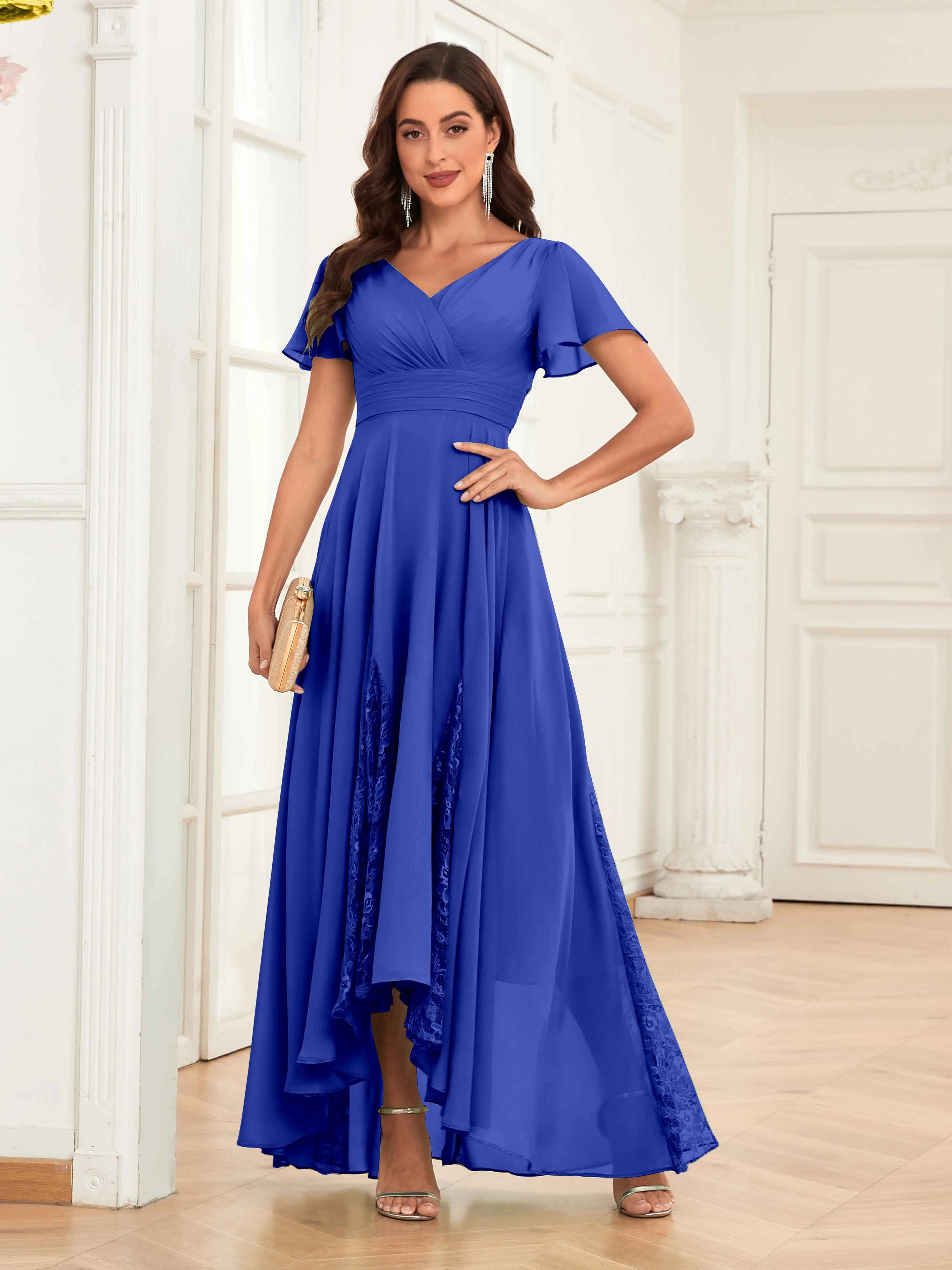 Mother of the Bride Chiffon Dress – Lace Ruched V-Neck High Low Formal Dress with Short Sleeves oaklynwear