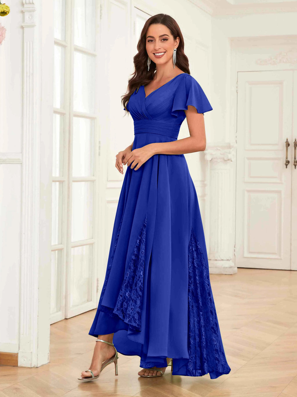 Mother of the Bride Chiffon Dress – Lace Ruched V-Neck High Low Formal Dress with Short Sleeves oaklynwear