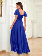 Mother of the Bride Chiffon Dress – Lace Ruched V-Neck High Low Formal Dress with Short Sleeves oaklynwear