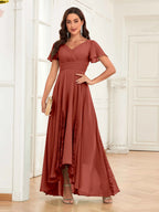 Mother of the Bride Chiffon Dress – Lace Ruched V-Neck High Low Formal Dress with Short Sleeves oaklynwear