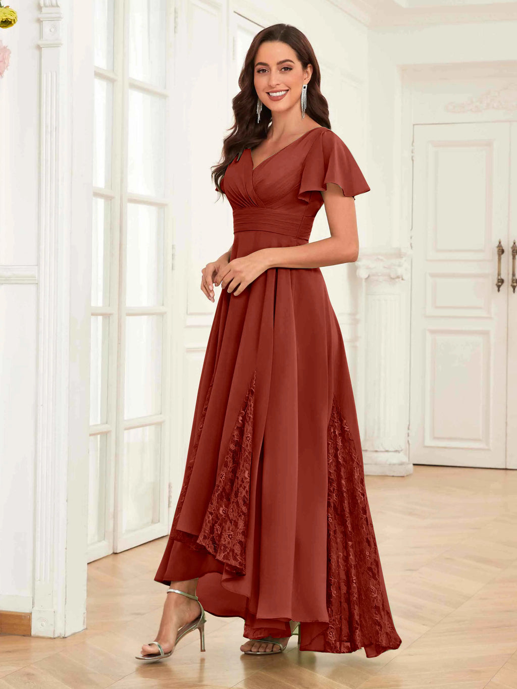 Mother of the Bride Chiffon Dress – Lace Ruched V-Neck High Low Formal Dress with Short Sleeves oaklynwear