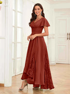 Mother of the Bride Chiffon Dress – Lace Ruched V-Neck High Low Formal Dress with Short Sleeves oaklynwear