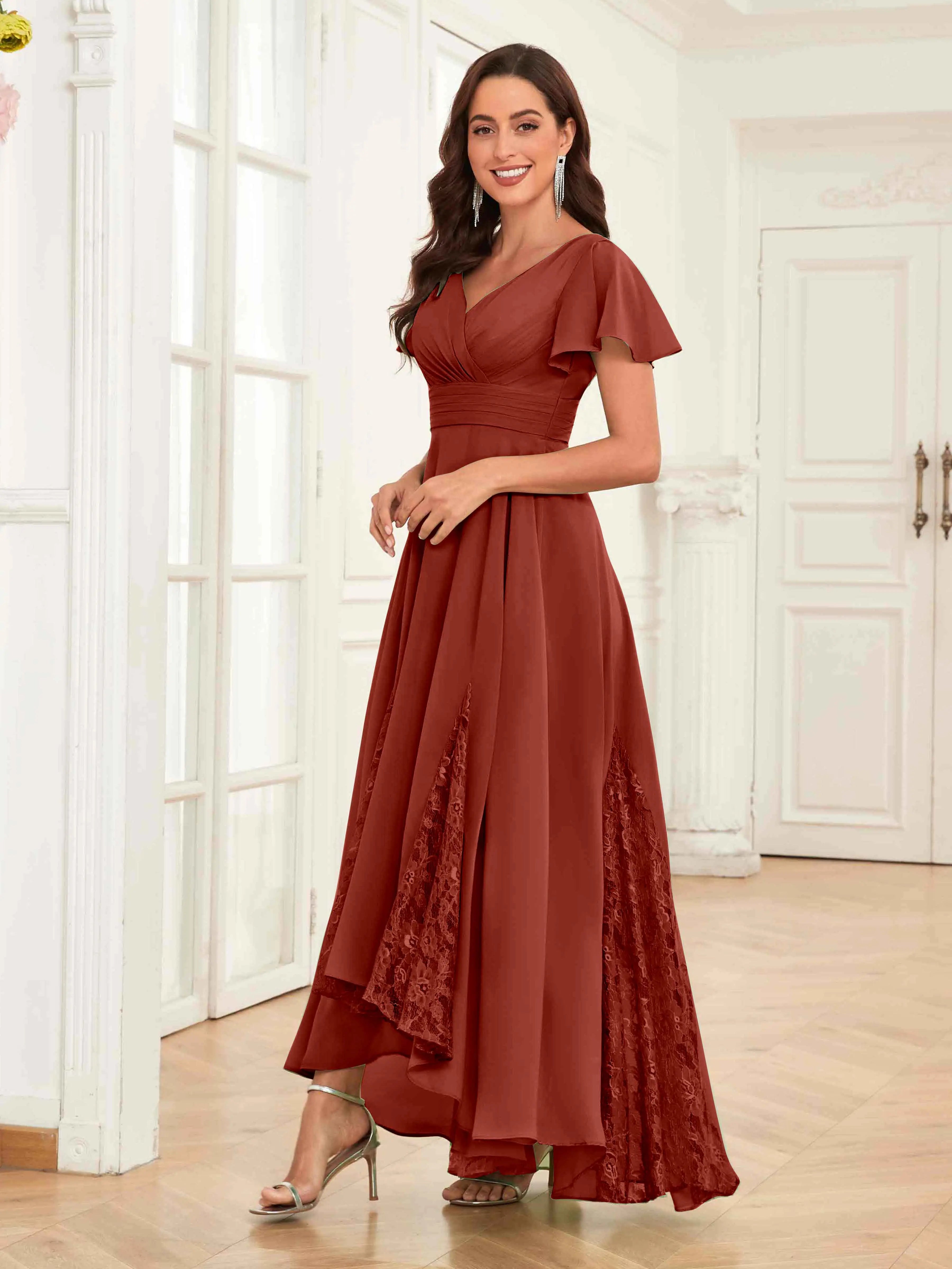 Mother of the Bride Chiffon Dress – Lace Ruched V-Neck High Low Formal Dress with Short Sleeves oaklynwear