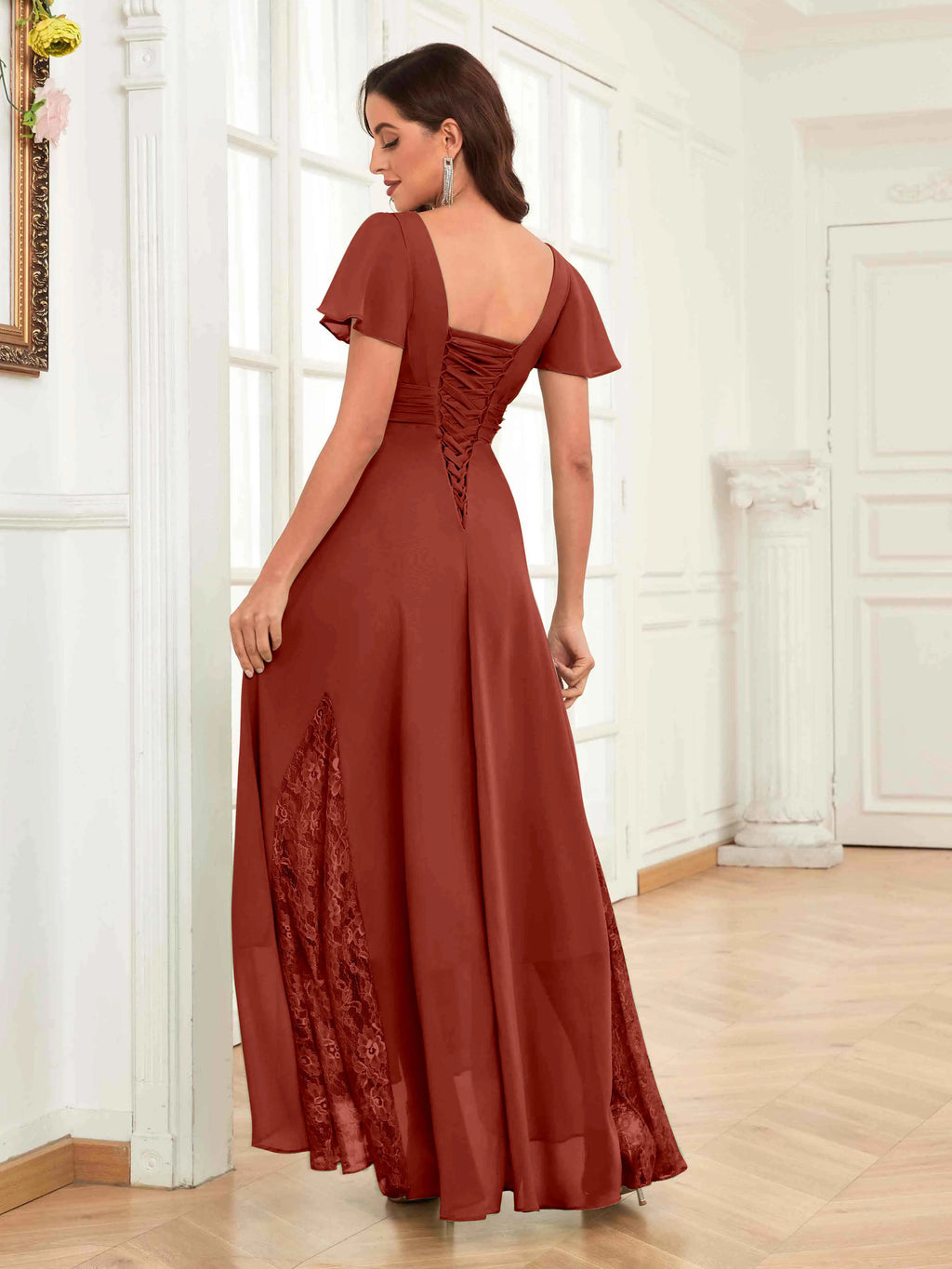Mother of the Bride Chiffon Dress – Lace Ruched V-Neck High Low Formal Dress with Short Sleeves oaklynwear
