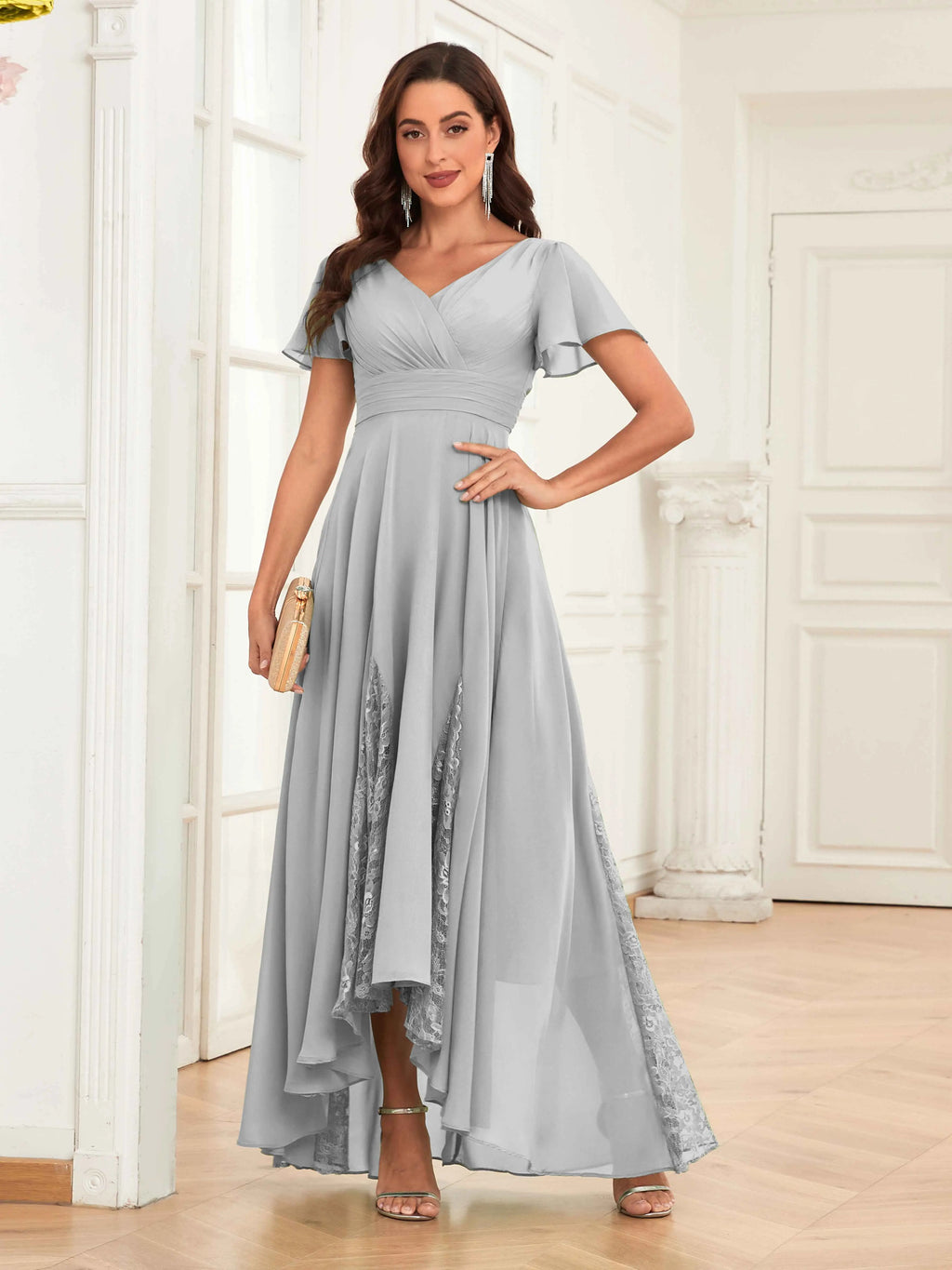 Mother of the Bride Chiffon Dress – Lace Ruched V-Neck High Low Formal Dress with Short Sleeves oaklynwear