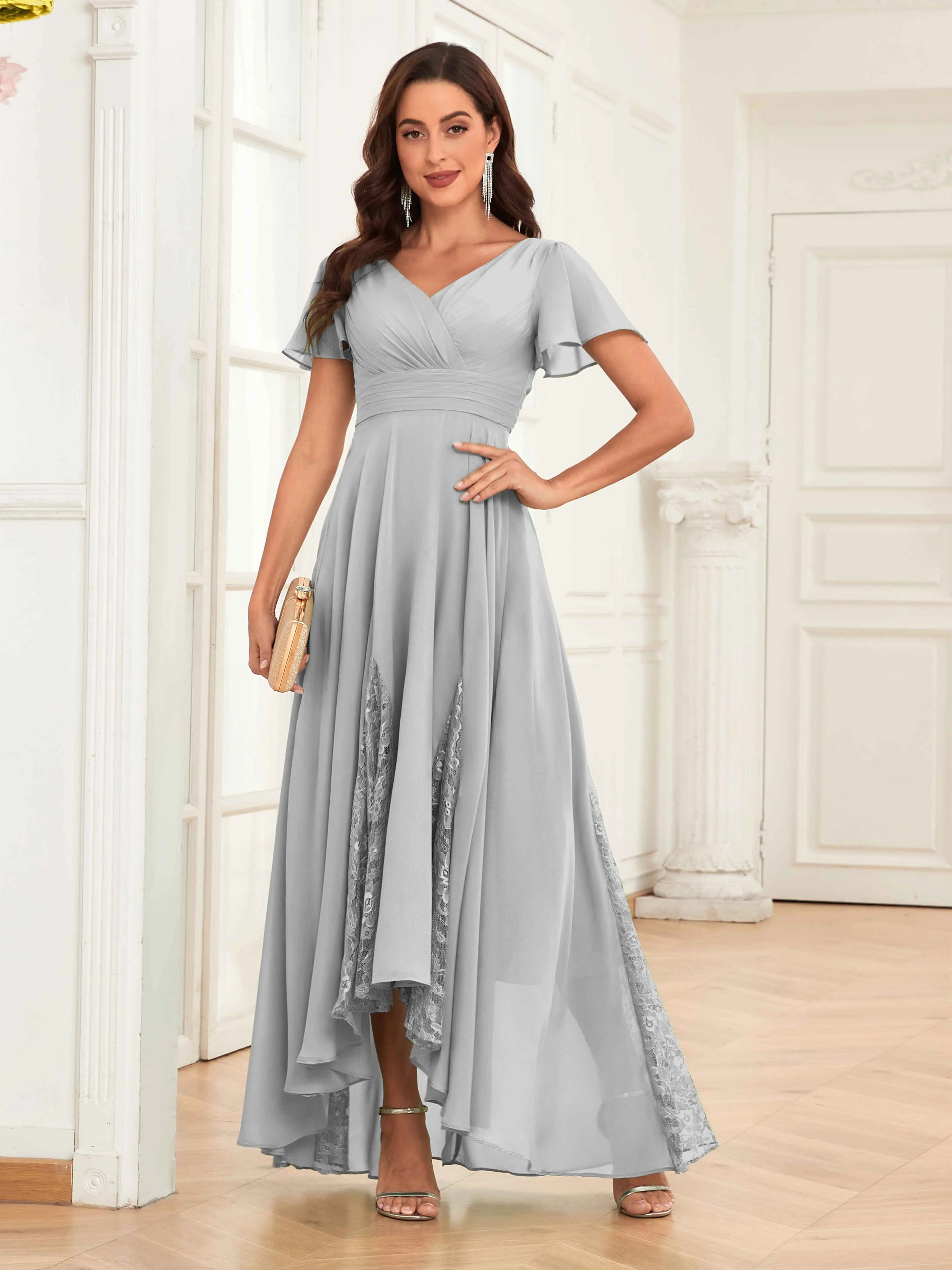 Mother of the Bride Chiffon Dress – Lace Ruched V-Neck High Low Formal Dress with Short Sleeves oaklynwear