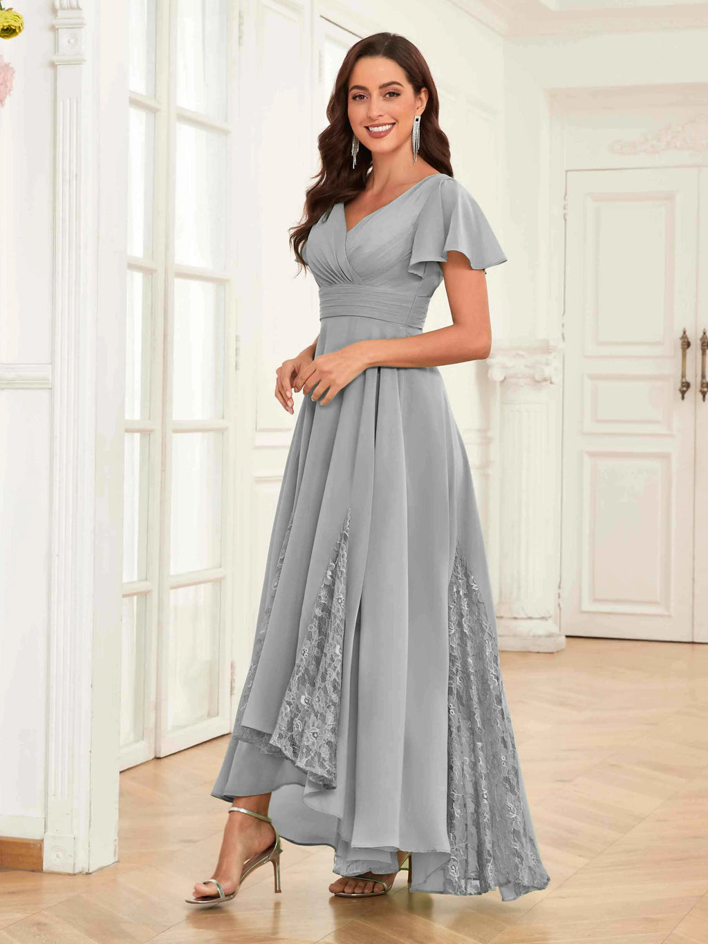 Mother of the Bride Chiffon Dress – Lace Ruched V-Neck High Low Formal Dress with Short Sleeves oaklynwear