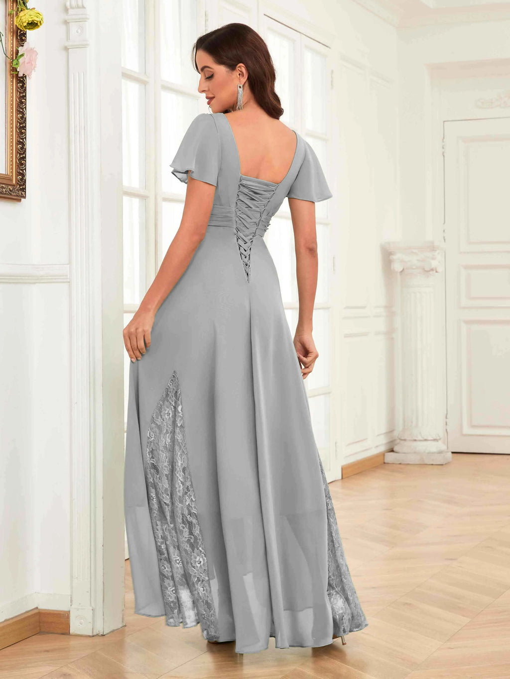Mother of the Bride Chiffon Dress – Lace Ruched V-Neck High Low Formal Dress with Short Sleeves oaklynwear