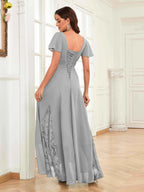 Mother of the Bride Chiffon Dress – Lace Ruched V-Neck High Low Formal Dress with Short Sleeves oaklynwear