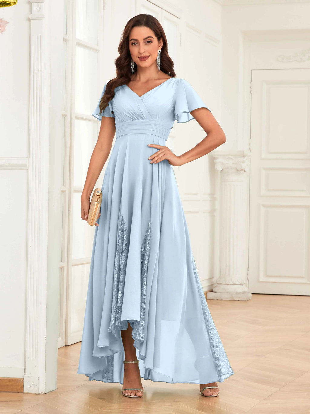 Mother of the Bride Chiffon Dress – Lace Ruched V-Neck High Low Formal Dress with Short Sleeves oaklynwear