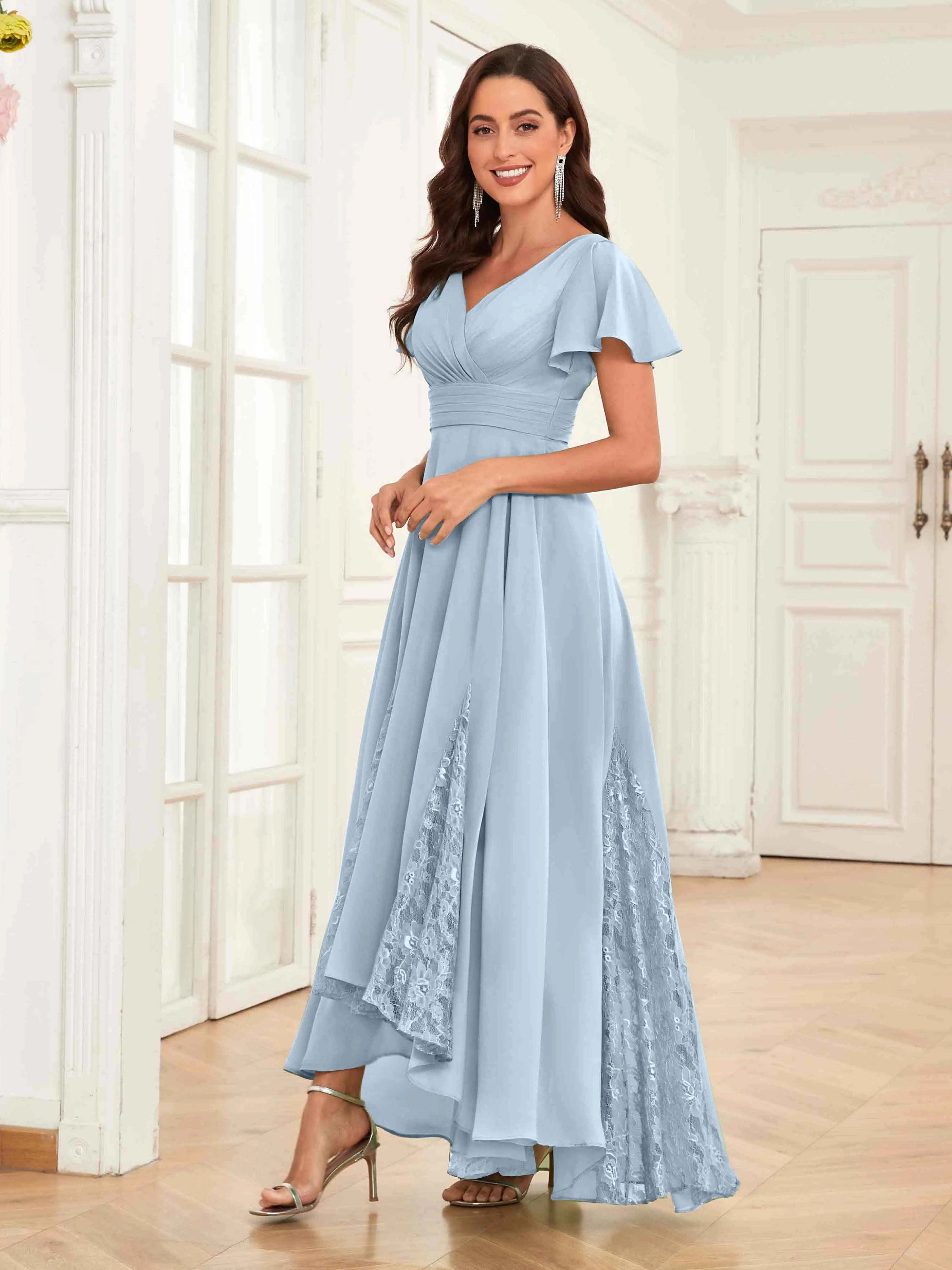 Mother of the Bride Chiffon Dress – Lace Ruched V-Neck High Low Formal Dress with Short Sleeves oaklynwear