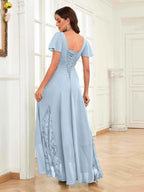 Mother of the Bride Chiffon Dress – Lace Ruched V-Neck High Low Formal Dress with Short Sleeves oaklynwear
