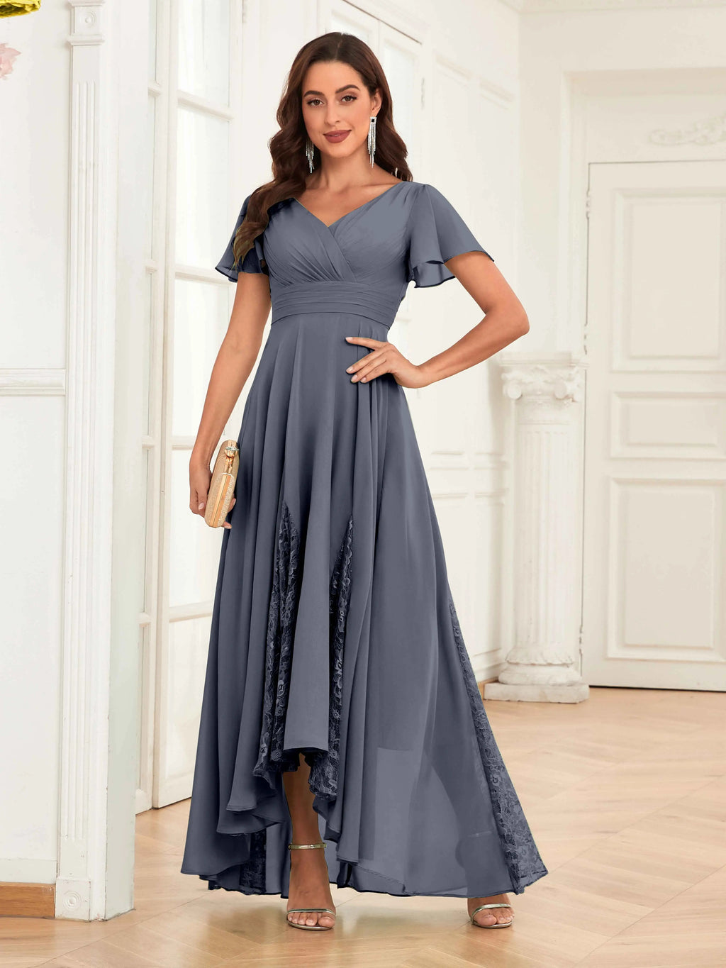Mother of the Bride Chiffon Dress – Lace Ruched V-Neck High Low Formal Dress with Short Sleeves oaklynwear