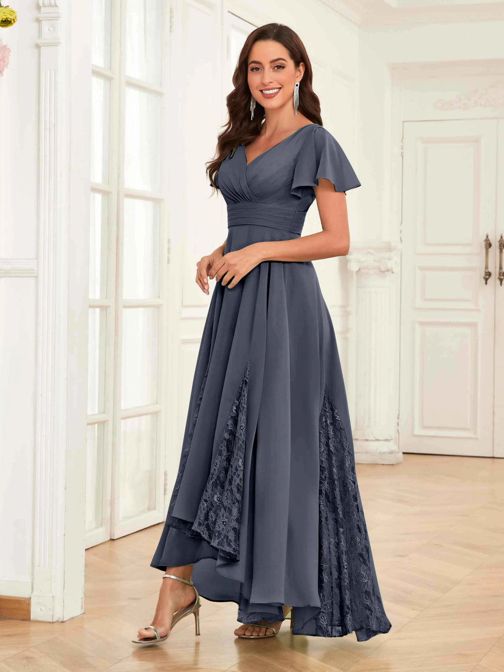 Mother of the Bride Chiffon Dress – Lace Ruched V-Neck High Low Formal Dress with Short Sleeves oaklynwear