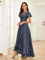 Mother of the Bride Chiffon Dress – Lace Ruched V-Neck High Low Formal Dress with Short Sleeves oaklynwear