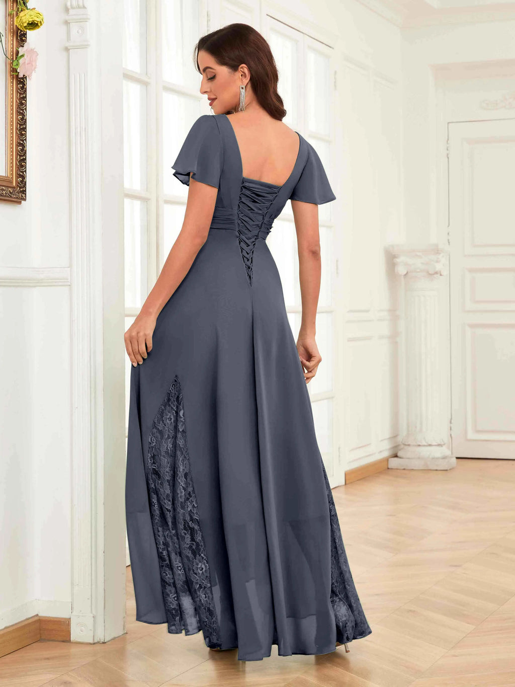 Mother of the Bride Chiffon Dress – Lace Ruched V-Neck High Low Formal Dress with Short Sleeves oaklynwear
