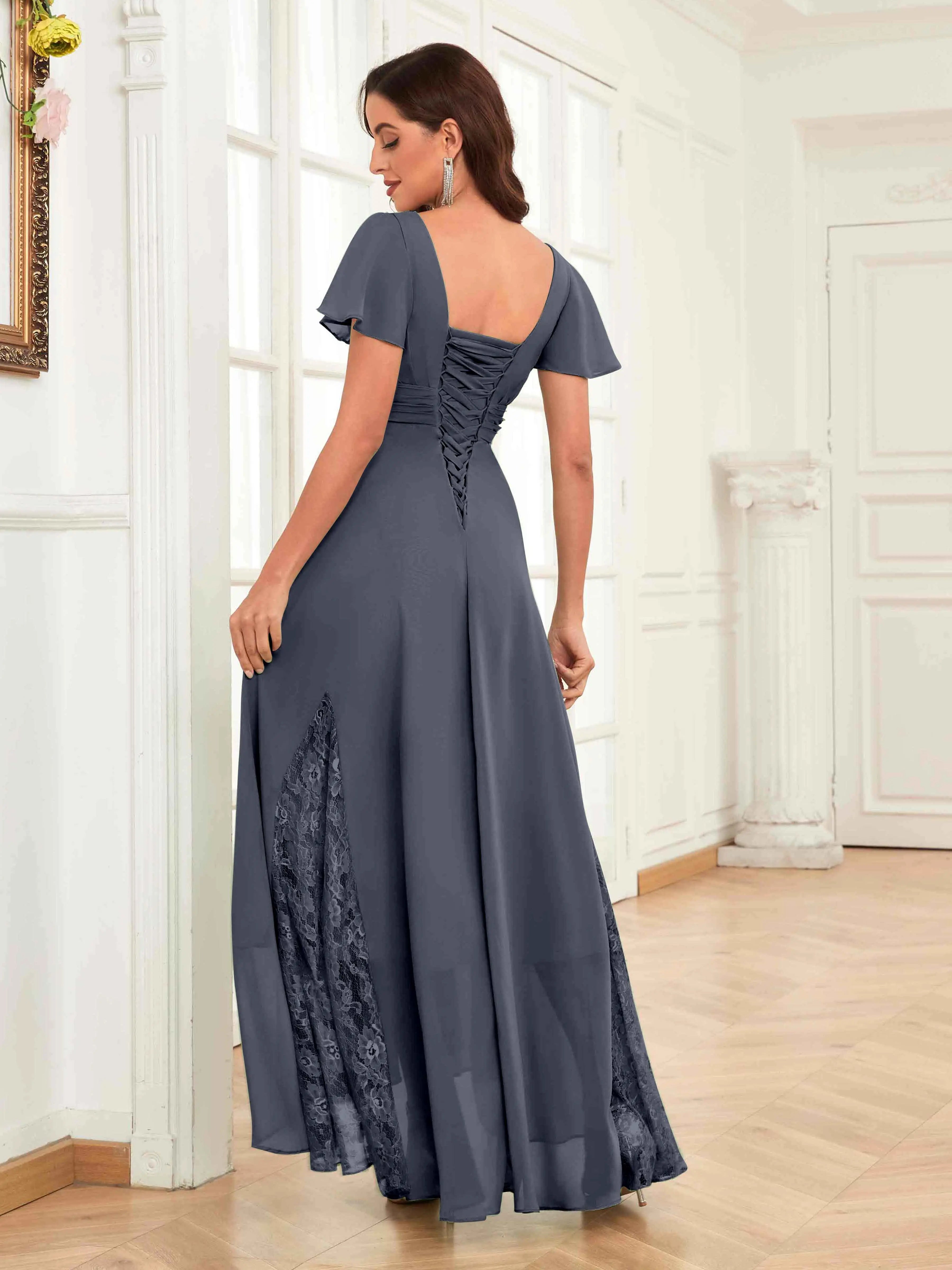 Mother of the Bride Chiffon Dress – Lace Ruched V-Neck High Low Formal Dress with Short Sleeves oaklynwear