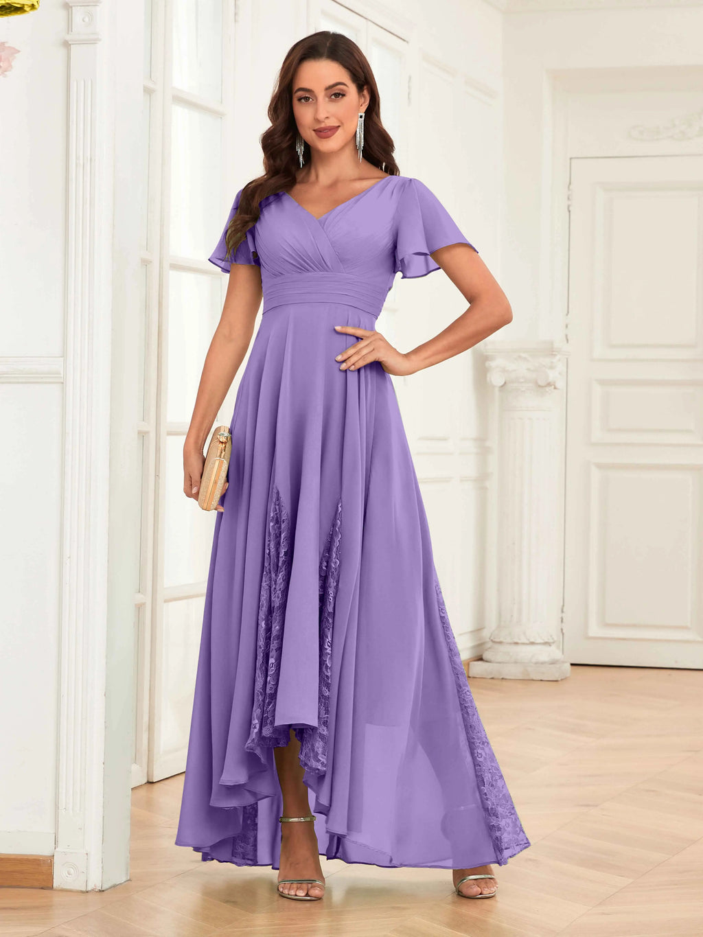 Mother of the Bride Chiffon Dress – Lace Ruched V-Neck High Low Formal Dress with Short Sleeves oaklynwear