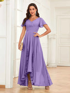 Mother of the Bride Chiffon Dress – Lace Ruched V-Neck High Low Formal Dress with Short Sleeves oaklynwear