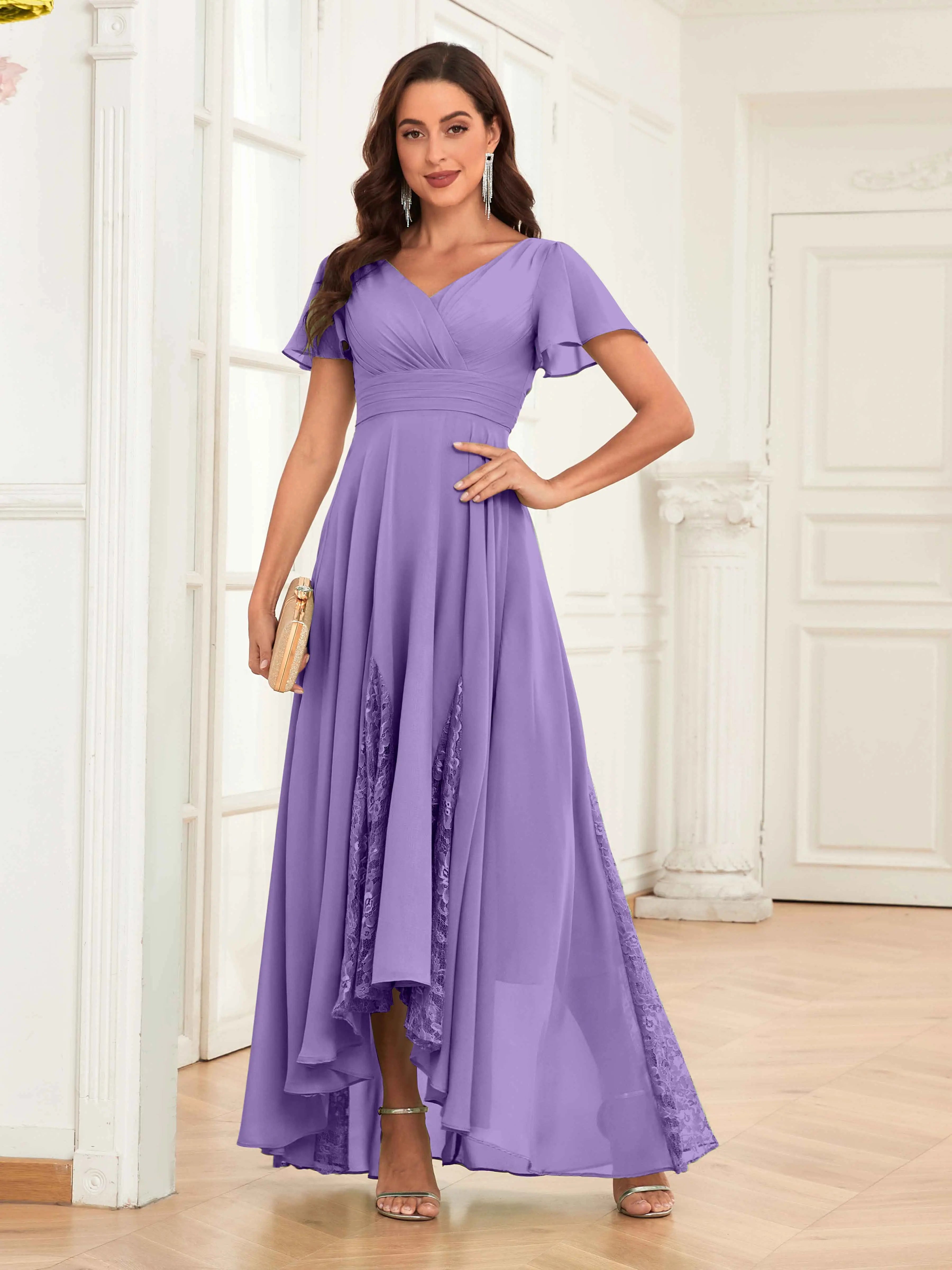 Mother of the Bride Chiffon Dress – Lace Ruched V-Neck High Low Formal Dress with Short Sleeves oaklynwear