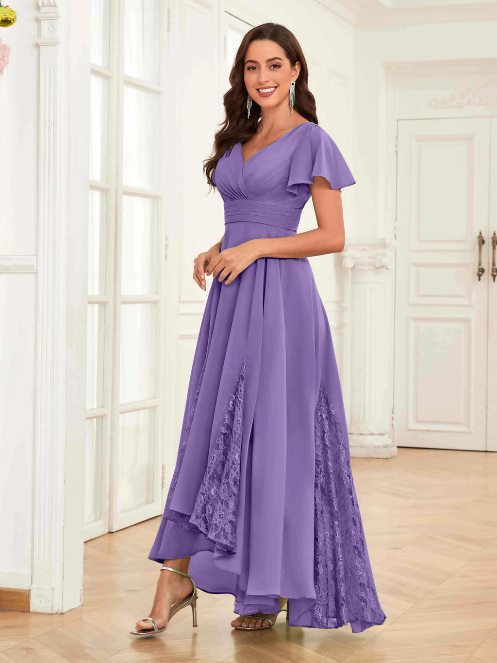 Mother of the Bride Chiffon Dress – Lace Ruched V-Neck High Low Formal Dress with Short Sleeves oaklynwear