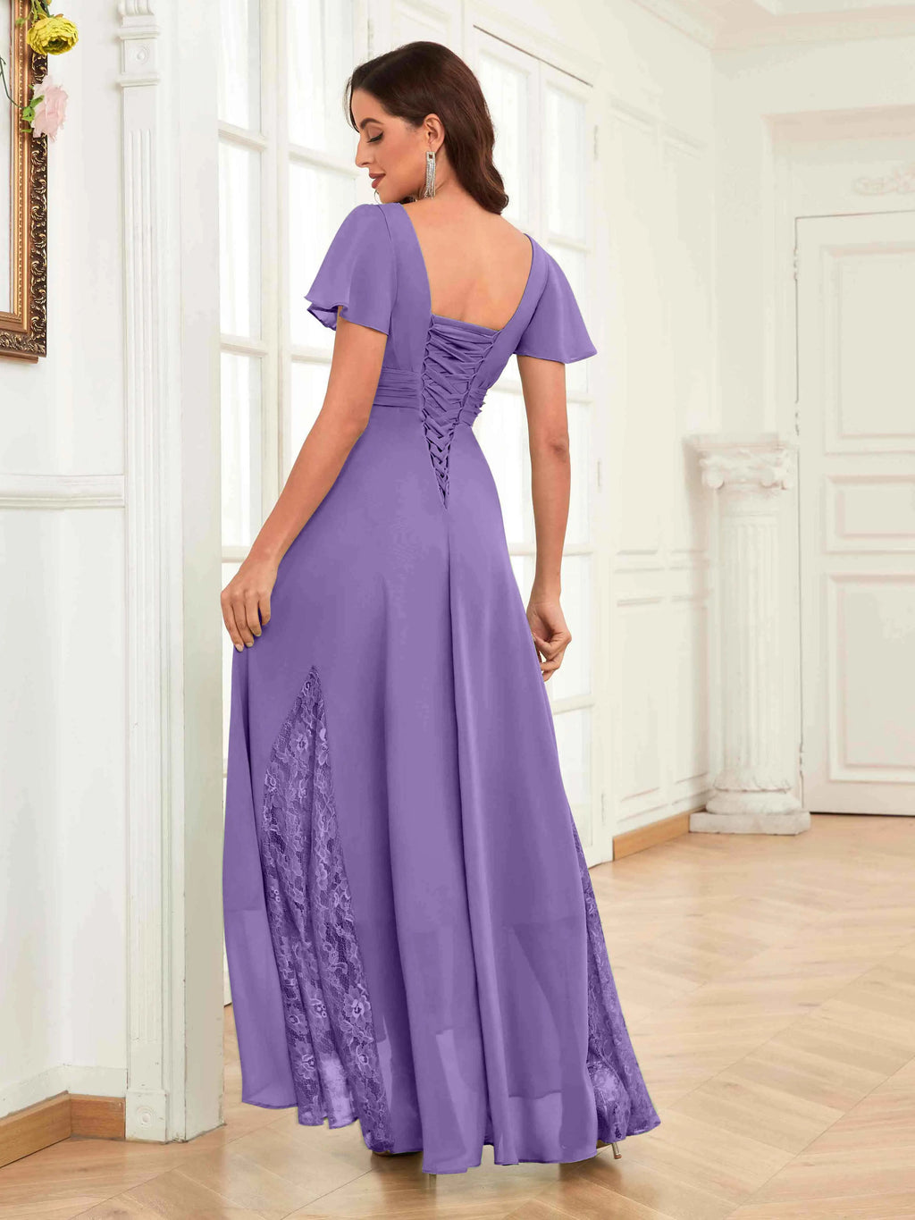 Mother of the Bride Chiffon Dress – Lace Ruched V-Neck High Low Formal Dress with Short Sleeves oaklynwear