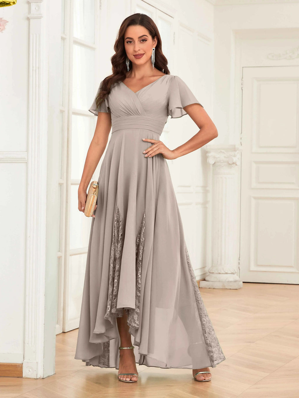 Mother of the Bride Chiffon Dress – Lace Ruched V-Neck High Low Formal Dress with Short Sleeves oaklynwear