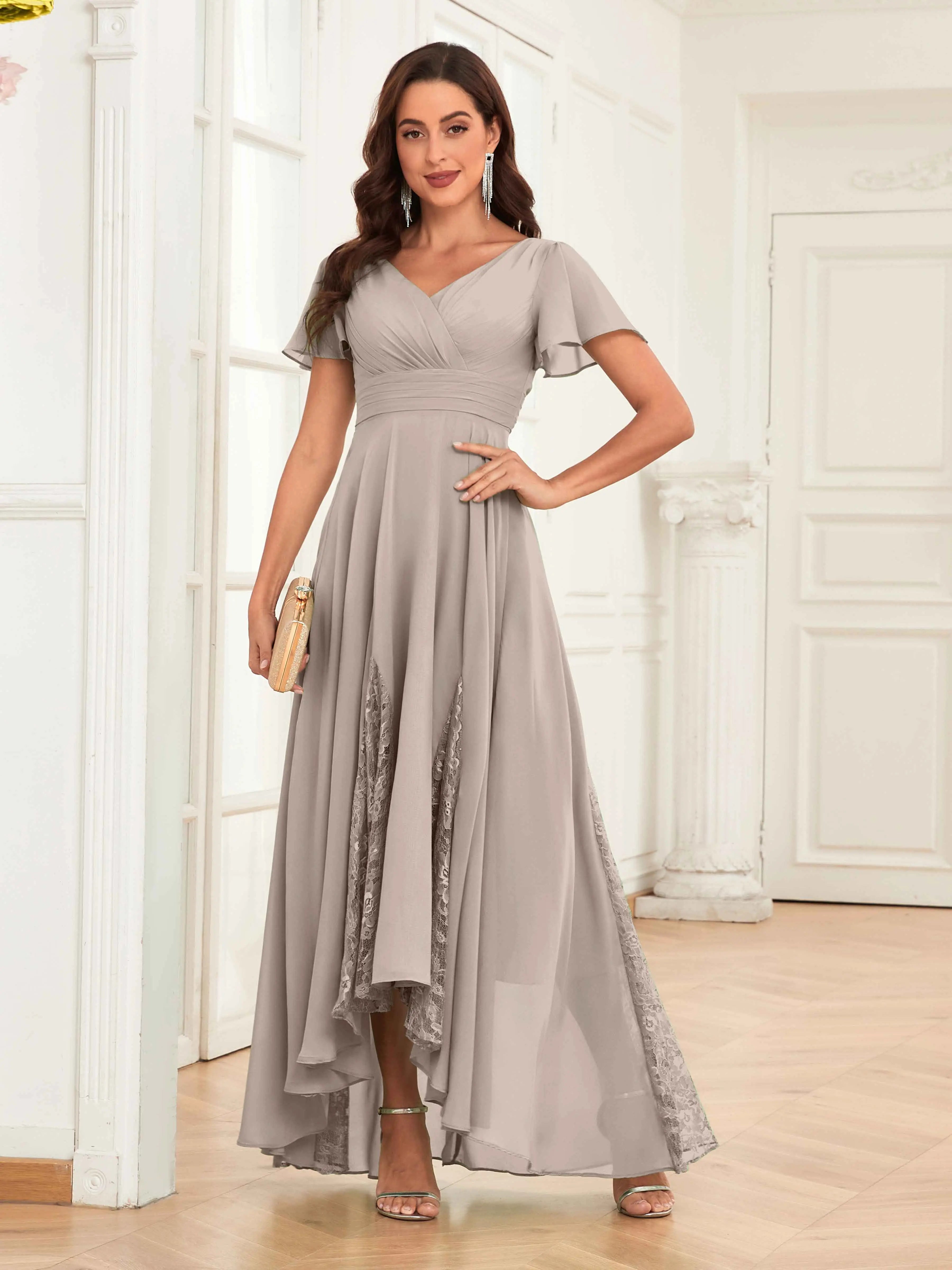 Mother of the Bride Chiffon Dress – Lace Ruched V-Neck High Low Formal Dress with Short Sleeves oaklynwear
