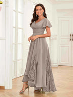 Mother of the Bride Chiffon Dress – Lace Ruched V-Neck High Low Formal Dress with Short Sleeves oaklynwear