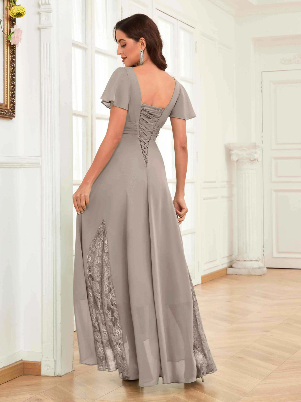 Mother of the Bride Chiffon Dress – Lace Ruched V-Neck High Low Formal Dress with Short Sleeves oaklynwear
