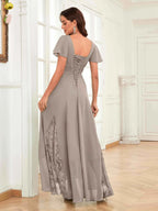 Mother of the Bride Chiffon Dress – Lace Ruched V-Neck High Low Formal Dress with Short Sleeves oaklynwear