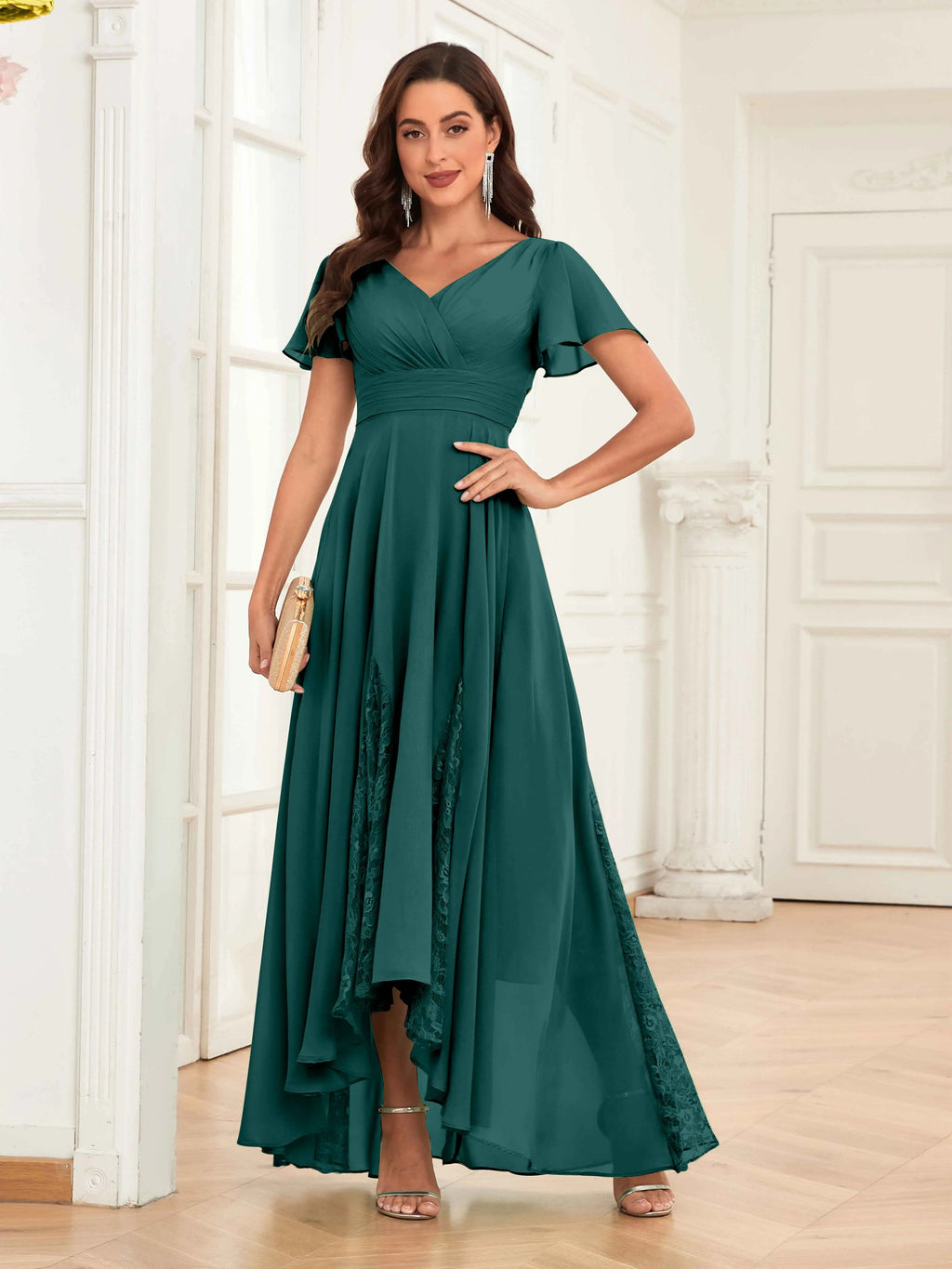 Mother of the Bride Chiffon Dress – Lace Ruched V-Neck High Low Formal Dress with Short Sleeves oaklynwear