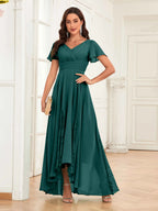 Mother of the Bride Chiffon Dress – Lace Ruched V-Neck High Low Formal Dress with Short Sleeves oaklynwear