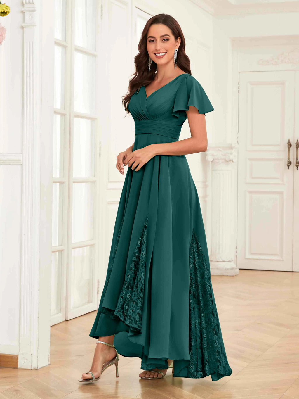 Mother of the Bride Chiffon Dress – Lace Ruched V-Neck High Low Formal Dress with Short Sleeves oaklynwear