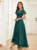 Mother of the Bride Chiffon Dress – Lace Ruched V-Neck High Low Formal Dress with Short Sleeves oaklynwear