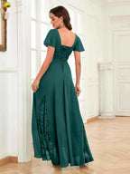 Mother of the Bride Chiffon Dress – Lace Ruched V-Neck High Low Formal Dress with Short Sleeves oaklynwear