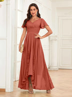 Mother of the Bride Chiffon Dress – Lace Ruched V-Neck High Low Formal Dress with Short Sleeves oaklynwear