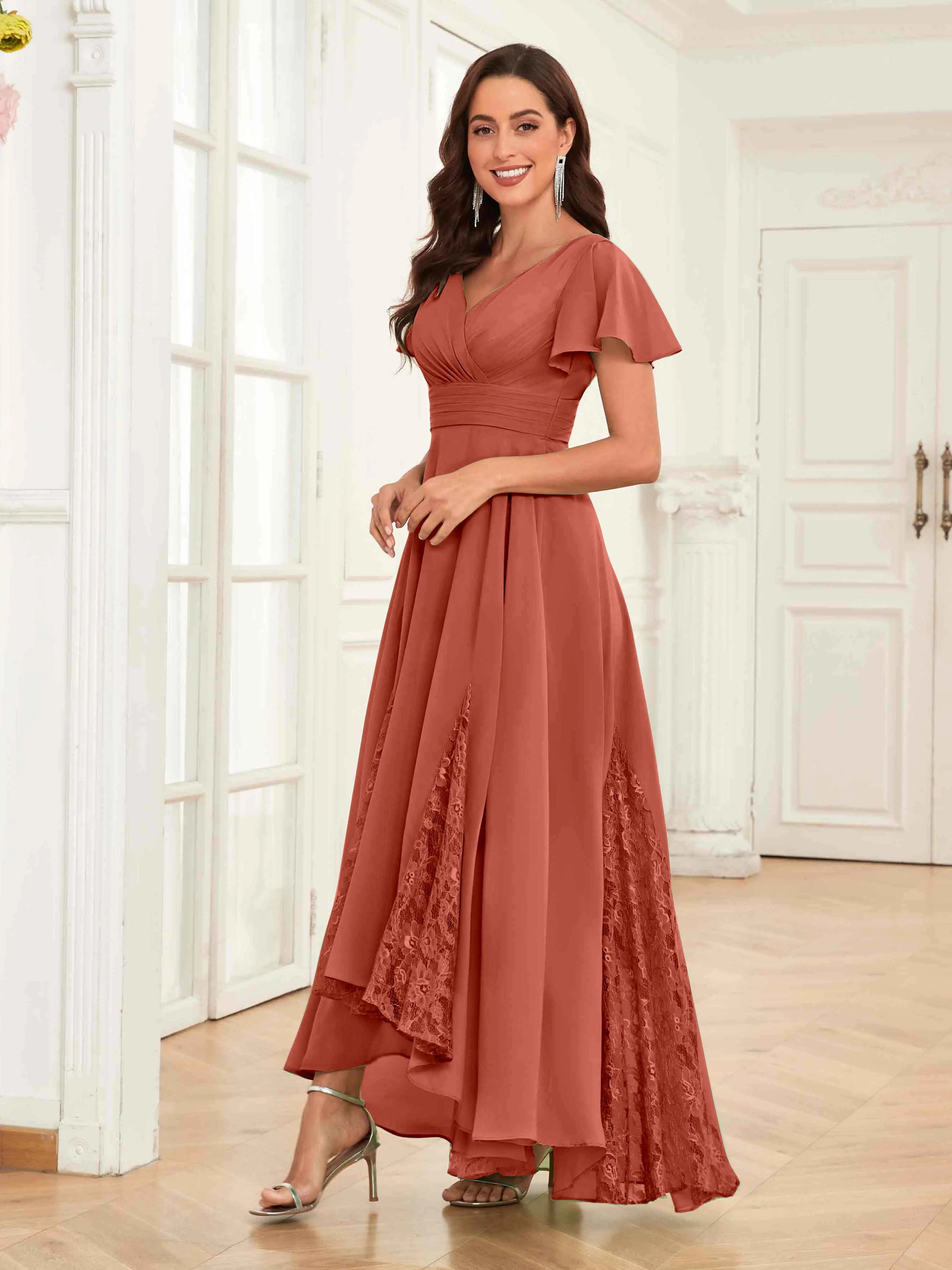 Mother of the Bride Chiffon Dress – Lace Ruched V-Neck High Low Formal Dress with Short Sleeves oaklynwear