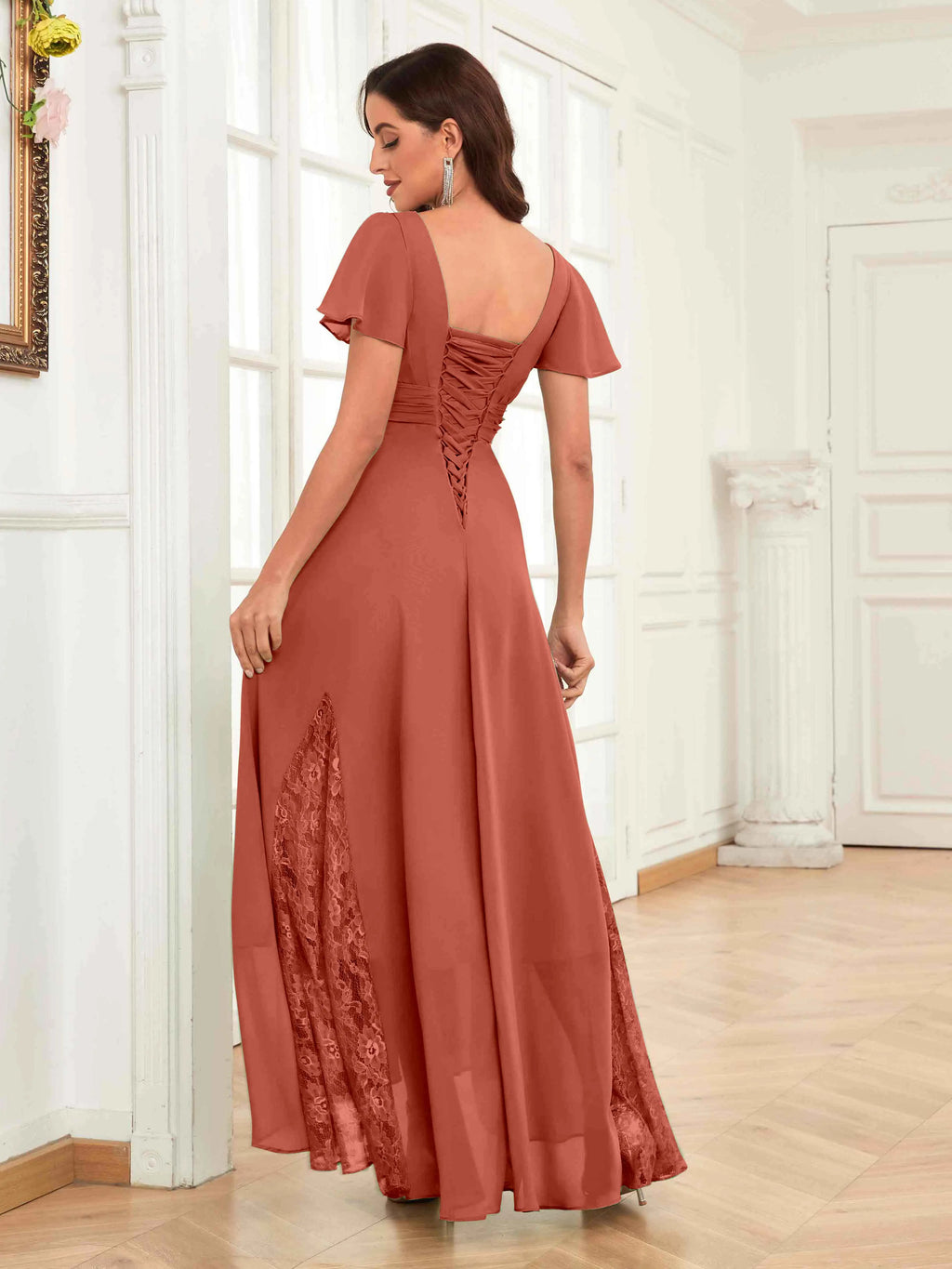 Mother of the Bride Chiffon Dress – Lace Ruched V-Neck High Low Formal Dress with Short Sleeves oaklynwear