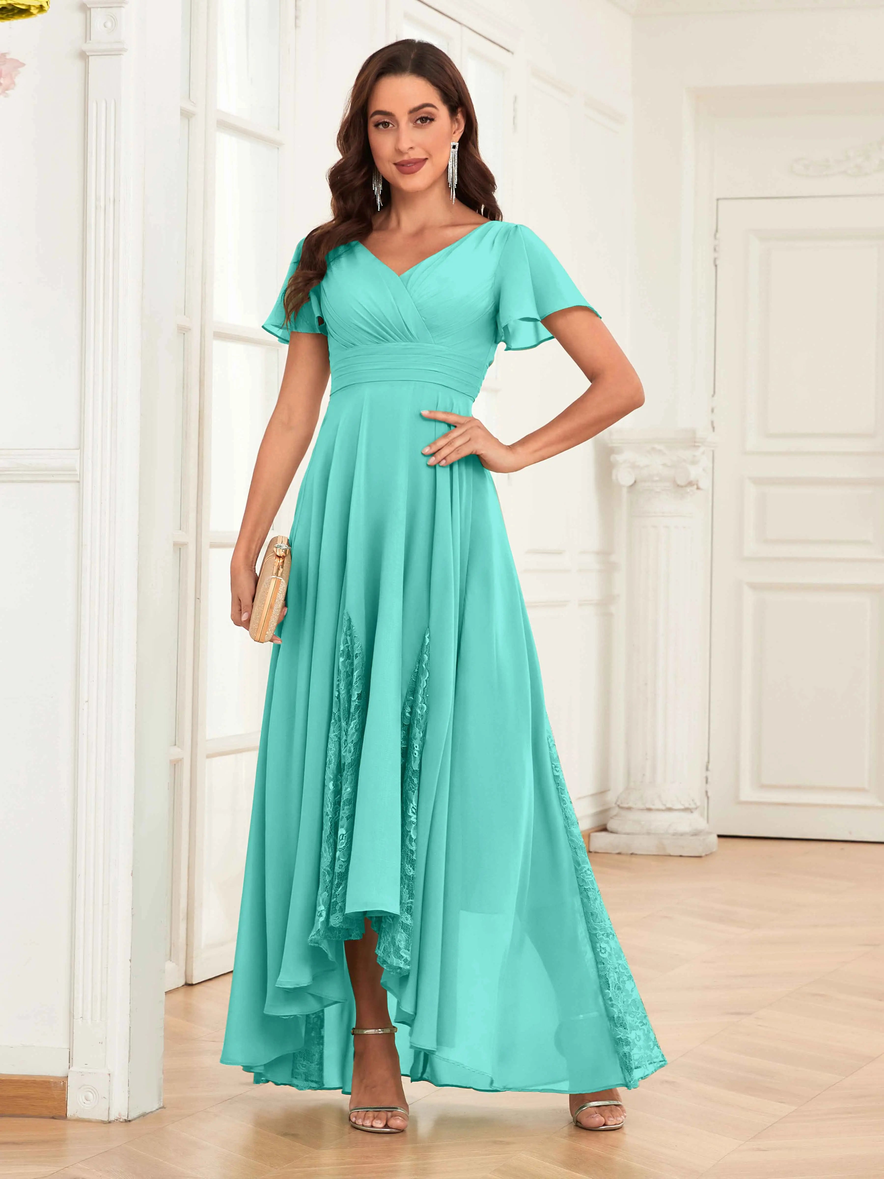 Mother of the Bride Chiffon Dress – Lace Ruched V-Neck High Low Formal Dress with Short Sleeves oaklynwear