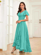 Mother of the Bride Chiffon Dress – Lace Ruched V-Neck High Low Formal Dress with Short Sleeves oaklynwear