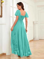 Mother of the Bride Chiffon Dress – Lace Ruched V-Neck High Low Formal Dress with Short Sleeves oaklynwear