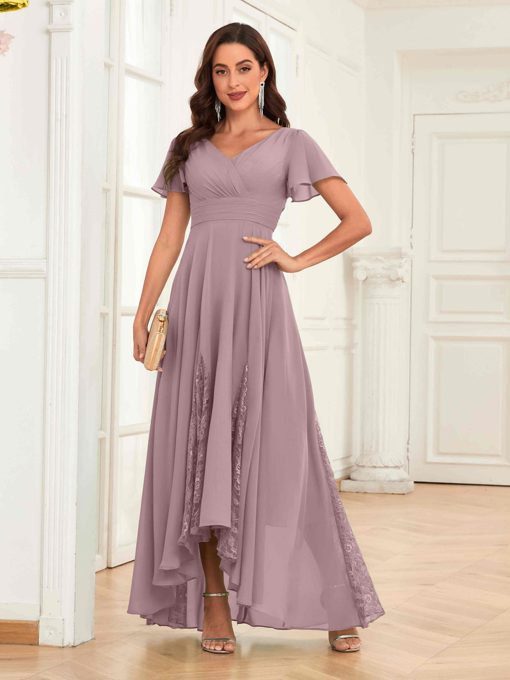 Mother of the Bride Chiffon Dress – Lace Ruched V-Neck High Low Formal Dress with Short Sleeves oaklynwear