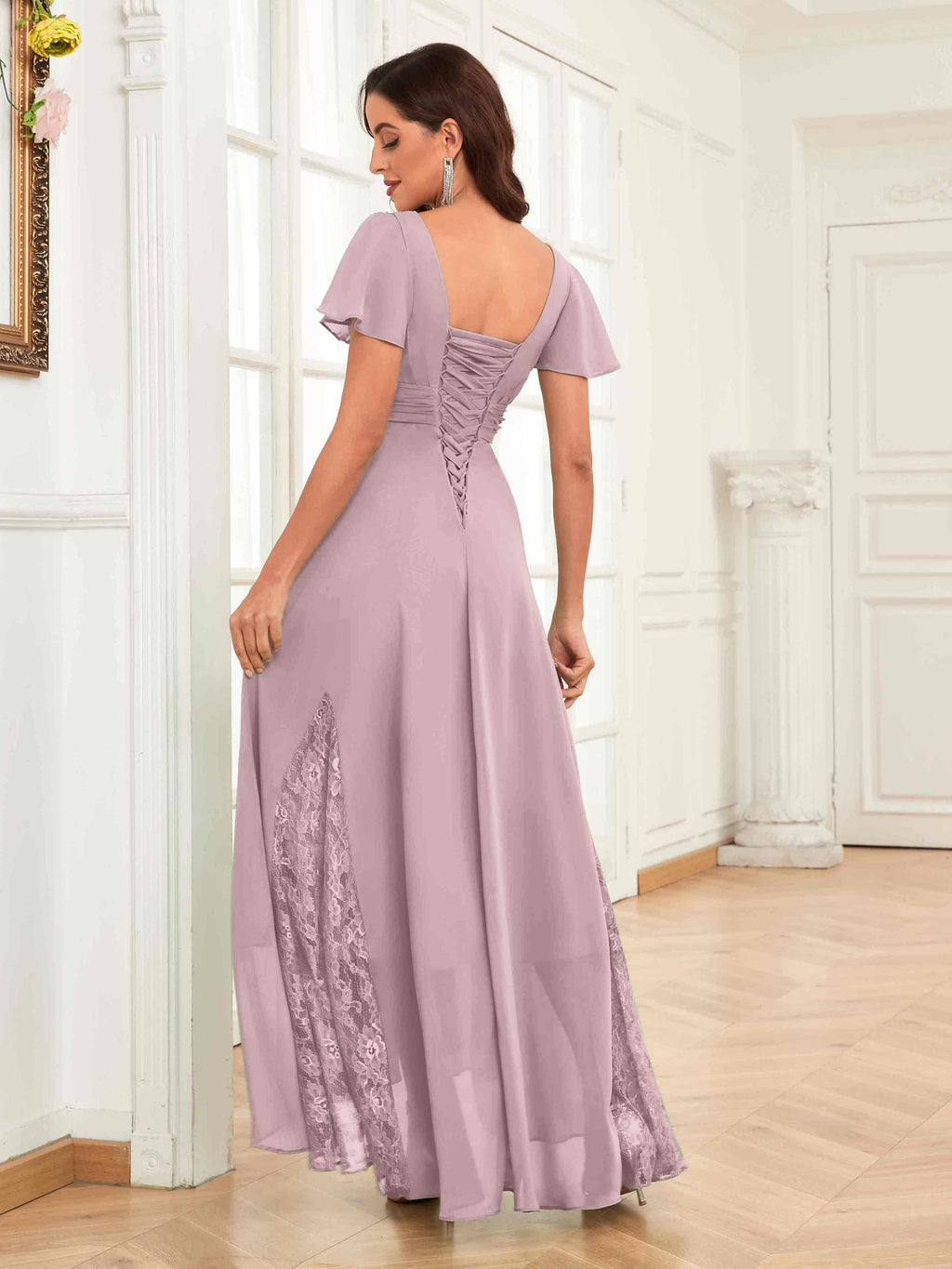 Mother of the Bride Chiffon Dress – Lace Ruched V-Neck High Low Formal Dress with Short Sleeves oaklynwear